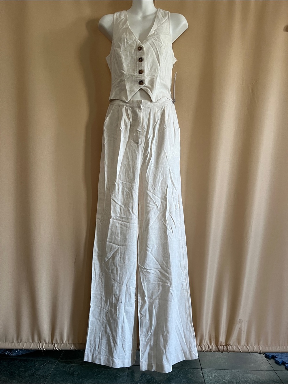 Madden Girl Cream Wide-Leg Linen Jumpsuit with Button Vest
